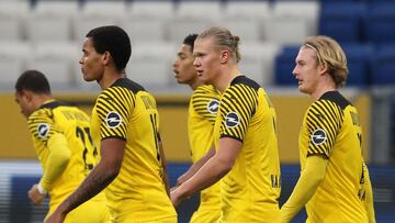 Dortmund's Norwegian forward Erling Braut Haaland (2nd R) celebrates scoring the 0-1 during the German first division Bundesliga football match between TSG Hoffenheim and Borussia Dortmund in Sinsheim on January 22, 2022. (Photo by Daniel ROLAND / AF