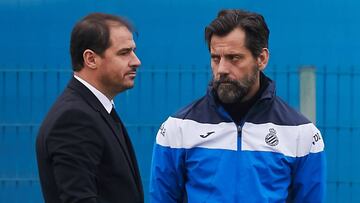Quique Sánchez Flores charla con Lardín durante un entrenamiento del Espanyol la temporada pasada.