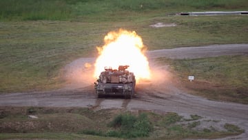 U.S. army M1A2 tank fires during a joint live-fire drills, known as Ulchi Freedom Shield (UFS) at a training field near the demilitarized zone separating two Koreas, in Pocheon, South Korea August 31, 2022. REUTERS/Kim Hong-Ji