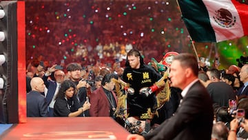 LAS VEGAS, NEVADA - SEPTEMBER 13: Canelo Alvarez makes his ring walk prior to an undisputed super middleweight title fight against Terence Crawford (not pictured) during Netflix's Canelo v Crawford Fight Night at Allegiant Stadium on September 13, 2025 in Las Vegas, Nevada. Steve Marcus/Getty Images/AFP (Photo by Steve Marcus / GETTY IMAGES NORTH AMERICA / Getty Images via AFP)