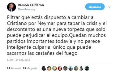 Calderón: “Filtrar el cambio de Cristiano por Neymar para tapar la crisis es una torpeza más”