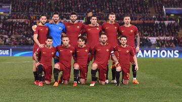 AS Roma&#039;s team players (from top left) Roma&#039;s Greek defender Kostas Manolas, Roma&#039;s Brazilian goalkeeper Alisson, Roma&#039;s Argentinian defender Federico Fazio, Roma&#039;s Dutch midfielder Kevin Strootman, Roma&#039;s Bosnian striker Edi