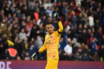 Navas celebrates after Paris Saint-Germain's third goal during their Ligue 1 match against Angers SCO.