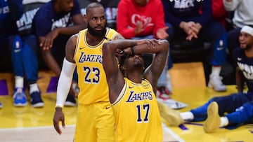 Apr 30, 2025; Los Angeles, California, USA; Los Angeles Lakers forward Dorian Finney-Smith (17) reacts after being called for a foul during the second half in game five of first round for the 2025 NBA Playoffs at Crypto.com Arena. Mandatory Credit: Gary A. Vasquez-Imagn Images