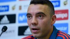 Spain&#039;s forward Iago Aspas gives a press conference at the Spanish Football Federation&#039;s &quot;Ciudad del Futbol&quot; in Las Rozas, near Madrid on May 29, 2018. / AFP PHOTO / PIERRE-PHILIPPE MARCOU