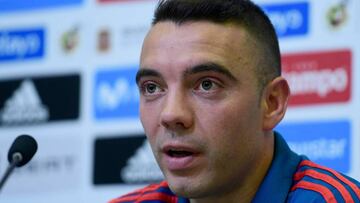 Spain's forward Iago Aspas gives a press conference at the Spanish Football Federation's "Ciudad del Futbol" in Las Rozas, near Madrid on May 29, 2018. / AFP PHOTO / PIERRE-PHILIPPE MARCOU