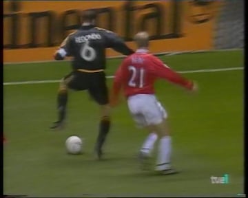 Redondo produces his memorable moment of magic to bamboozle Manchester United's Henning Berg at Old Trafford.