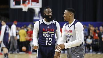 NEW ORLEANS, LA - FEBRUARY 18: James Harden #13 of the Houston Rockets talks with Russell Westbrook #0 of the Oklahoma City Thunder during practice for the 2017 NBA All-Star Game at the Mercedes-Benz Superdome on February 18, 2017 in New Orleans, Louisiana. Ronald Martinez/Getty Images/AFP
== FOR NEWSPAPERS, INTERNET, TELCOS & TELEVISION USE ONLY ==