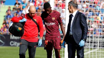 Dembélé, al lesionarse contra el Getafe, en 2017.
