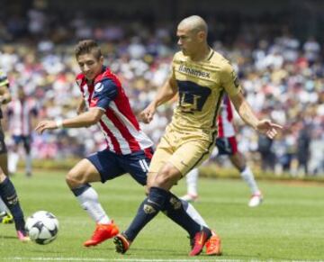 Action photo during the match Pumas UNAM vs Guadalajara at Universitario Stadium, 2016 Apertura Liga BBVA Bancomer MX.--- Fotode accion durante el Partido Pumas UNAM vs Guadalajara en el Estadio Universitario Partido Correspondiente a la Jornada 1 del Torneo Apertura 2016 Liga BBVA Bancomer MX, en la foto: (i)-(d) Isaac Brizuela, Dario Veron
---17/07/2016/MEXSPORT/Bernardo Maldonado.