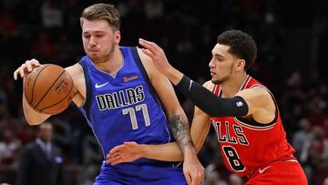 CHICAGO, IL - NOVEMBER 12: Luka Doncic #77 of the Dallas Mavericks is challenged by Zach LaVine #8 of the Chicago Bulls at the United Center on November 12, 2018 in Chicago, Illinois. NOTE TO USER: User expressly acknowledges and agrees that, by downloading and/or using this photograph, User is consenting to the terms and conditions of the Getty Images License Agreement.   Jonathan Daniel/Getty Images/AFP
 == FOR NEWSPAPERS, INTERNET, TELCOS &amp; TELEVISION USE ONLY ==