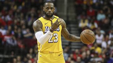 Jan 18, 2020; Houston, Texas, USA; Los Angeles Lakers forward LeBron James (23) dribbles the ball against the Houston Rockets during the fourth quarter at Toyota Center. Mandatory Credit: Troy Taormina-USA TODAY Sports