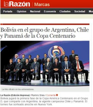 La Razón de Bolivia destacó a la selección local y sus rivales en la Copa.