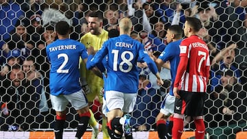 Soccer Football - Europa League - Quarter Final - First Leg - Rangers v Athletic Bilbao - Ibrox, Glasgow, Scotland, Britain - April 10, 2025 Rangers' Liam Kelly celebrates with teammates after saving a penalty kick from Athletic Bilbao's Alex Berenguer REUTERS/Russell Cheyne