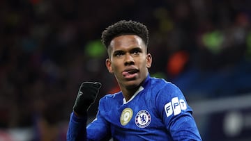 Soccer Football - UEFA Champions League - Chelsea v FC Barcelona - Stamford Bridge, London, Britain - November 25, 2025 Chelsea's Estevao celebrates scoring their second goal REUTERS/Hannah Mckay