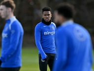 Chelsea's Brazilian midfielder #41 Estevao takes part in a team training session at the Chelsea training ground in Cobham, west of London on January 20, 2026, on the eve of their UEFA Champions League, league phase football match against Pafos. (Photo by Glyn KIRK / AFP)