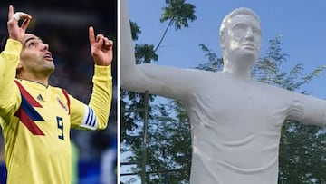 Imagen de Radamel Falcao celebrando un gol con las manos hacia el cielo en agradecimiento a Dios y de la estatua que le est&aacute;n construyendo en Santa Marta haciendo esta misma postura.