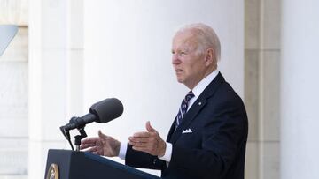 US President Joe Biden speaks during a Memorial Day address at Arlington National Cemetery in Arlington, Virginia, US, on Monday, May 30, 2022. Fresh off a visit to the Texas elementary school where a gunman last week killed 19 children and two teachers, Biden today expressed futility as he renewed calls for Congress to crack down on the kinds of assault weapons that were used to carry out the mass shooting. Photographer: Michael Reynolds/EPA/Bloomberg via Getty Images