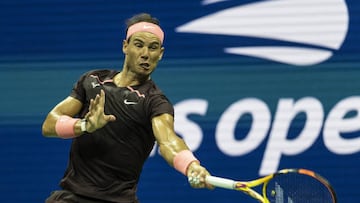 Rafael Nadal returns ball against Rinky Hijikata at the Billie Jean King National Tennis Center in New York.