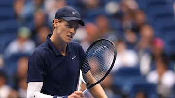 Tennis - China Open - The Beijing Olympic Green Tennis Center, Beijing, China - September 27, 2025 Italy's Jannik Sinner reacts during his round of 16 match against France's Terence Atmane REUTERS/Tingshu Wang
