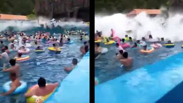 Tsunami en una piscina de olas artificiales en China, con gente ba&ntilde;&aacute;ndose en flotador, que acab&oacute; con 44 heridos.