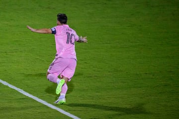 Inter Miami forward Lionel Messi (10) celebrates after he scores a goal during the game between FC Dallas and Inter Miami at Toyota Stadium.