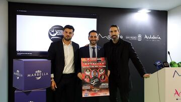 Jos¨¦ Bernal, Lisandro Vieites y Fernando Sanz en la presentaci¨®n del III World Padel Soccer en FITUR.