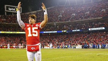 KANSAS CITY, MO - JANUARY 12: Quarterback Patrick Mahomes #15 of the Kansas City Chiefs celebrates in the final minute of the 31-13 victory over the Indianapolis Colts in the AFC Divisional Playoff at Arrowhead Stadium on January 12, 2019 in Kansas City, Missouri.   David Eulitt/Getty Images/AFP
 == FOR NEWSPAPERS, INTERNET, TELCOS &amp; TELEVISION USE ONLY ==