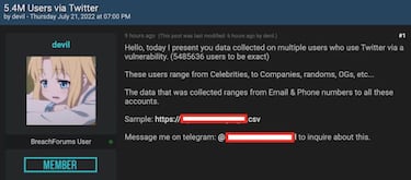 30.000 dólares valen tus datos de Twitter y los de otros 5,4 millones de usuarios hackeados