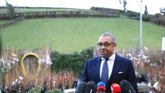 Foreign Secretary James Cleverly speaks to the media at Saintfield Garden Centre and Nursery, in Belfast. The Foreign Secretary visited the business to hear about the specific difficulties causes by the Protocol, such as restrictions on the movement of plants and seeds. Picture date: Wednesday January 11, 2023. (Photo by Peter Morrison/PA Images via Getty Images)