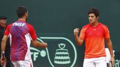 Hans Podlipnik y Christian Garin celebran la victoria en el dobles.