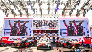Kalle Rovanpera (FIN) Jonne Halttunen (FIN) of team Toyota Gazoo Racing celebrate on the podium in first place after winning the World Rally Championship, with Craig Breen (IRL) Paul Nagle (IRL) of team Hyundai Shell Mobis second place and Thierry Neuville (BEL) and Martijn Wydaeghe (BEL) of team Hyundai Shell Mobis third place in Tartu, Estonia on July 18, 2021 // Jaanus Ree / Red Bull Content Pool // SI202107180115 // Usage for editorial use only //