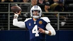 Nov 23, 2023; Arlington, Texas, USA; Dallas Cowboys quarterback Dak Prescott (4) passes against the Washington Commanders during the second half at AT&T Stadium. Mandatory Credit: Jerome Miron-USA TODAY Sports