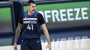 DENVER, CO - JANUARY 5: Juancho Hernangomez (41) of the Minnesota Timberwolves shouts after making a three against the Denver Nuggets during the first quarter at Ball Arena on Tuesday, January 5, 2021.(Photo by AAron Ontiveroz/MediaNews Group/The Denver P