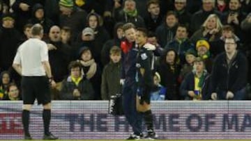 Alexis S&aacute;nchez abandona el campo tras lesionarse en el partido de Premier League entre el Norwich y el Arsenal disputado en Carrow Road