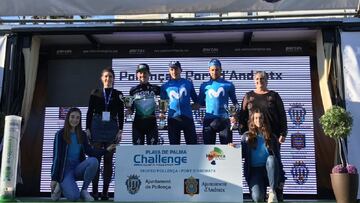 Marc Soler, Gregor M&uuml;hlberger y Davide Villella posan en el podio tras el Trofeo Pollen&ccedil;a - Port d&#039;Andratx de la Challenge de Mallorca 2020.