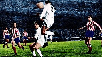 Di St&eacute;fano. m&aacute;ximo goleador ante el Atleti (13 goles, junto con Santillana) remata en un derbi.