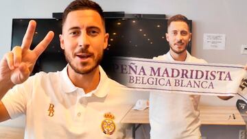 El saludo de Hazard a Roncero desde la peña Bélgica Blanca de Bruselas