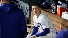 Los Angeles (Usa), 10/10/2023.- Los Angeles Dodgers starting pitcher Bobby Miller sits in the dugout after being pulled from the game during the second inning of game two of the Major League Baseball (MLB) National League Division Series playoffs between the Arizona Diamondbacks and the Los Angeles Dodgers at Dodger Stadium in Los Angeles, California, USA, 09 October 2023. The Division Series is the best-of-five games. EFE/EPA/CAROLINE BREHMAN
