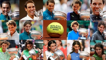 Tennis - French Open - Roland Garros, Paris, France - June 5, 2022 Rafael Nadal biting the trophy to celebrate each of his fourteen French Open Tennis Championships in this combination photo taken at the Roland Garros stadium in Paris. The images are in chronological order from 2022, 2020, 2019, 2018, 2017, 2014, 2013, 2012, 2011, 2010, 2008, 2007, 2006 and 2005. REUTERS/Staff TPX IMAGES OF THE DAY