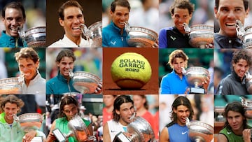 Tennis - French Open - Roland Garros, Paris, France - June 5, 2022 Rafael Nadal biting the trophy to celebrate each of his fourteen French Open Tennis Championships in this combination photo taken at the Roland Garros stadium in Paris. The images are in chronological order from 2022, 2020, 2019, 2018, 2017, 2014, 2013, 2012, 2011, 2010, 2008, 2007, 2006 and 2005. REUTERS/Staff      TPX IMAGES OF THE DAY