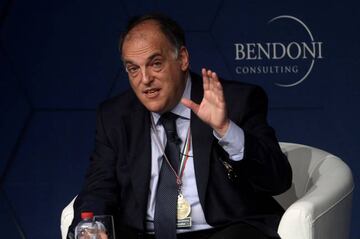 Javier Tebas Medrano, La Liga President, gestures during the Dubai International Sports Conference in Dubai,