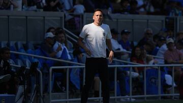 Aug 17, 2025; San Jose, California, USA; San Diego FC head coach Mikey Varas yells during the first half against the San Jose Earthquakes at PayPal Park. Mandatory Credit: Darren Yamashita-Imagn Images