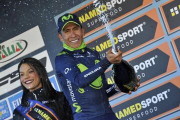 Colombian rider Nairo Quintana of Team Movistar celebrates.