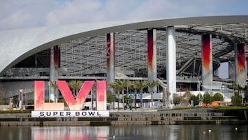 Feb 1, 2022; Inglewood, CA, USA; The Super Bowl LVI numerals logo is seen at SoFi Stadium. Super Bowl 56 between the Los Angeles Rams and the Cincinnati Bengals will be played on Feb. 13, 2022. Mandatory Credit: Kirby Lee-USA TODAY Sports