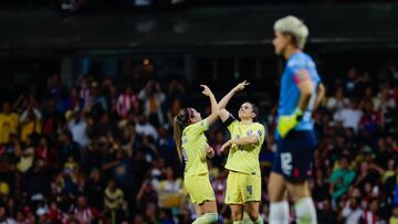 Andrea Pereira celebrates her goal 2-0 wuth Katty Martinez of America during the game America vs Guadalajara, corresponding "Clasico de Mexico" to Round 11 of the Torneo Clausura 2023 of the BBVA MX Womens League, at Azteca Stadium, on March 24, 2023.
<br><br>
Andrea Pereira celebra su gol 2-0 con Katty Martinez de America durante el partido America vs Guadalajara, Correspondiente a "Clasico de Mexico" de la Jornada 11 del Torneo Clausura 2023 de la Liga BBVA MX Femenil, en el Estadio Azteca, el 24 de Marzo de 2023