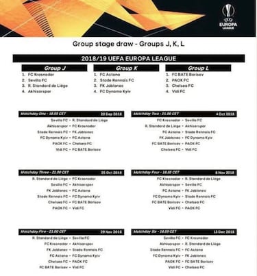 Calendario y horarios de la Europa League 2018/19
