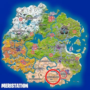 Varios de los puntos del mapa de Fortnite Temporada 4 en los que encontraremos m&aacute;quinas de hielo, cajas de alimentos y neveritas