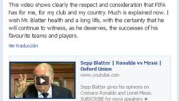 El mensaje de Cristiano a Blatter en Facebook.