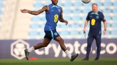 DOHA, QATAR - DECEMBER 01: Raheem Sterling of England shoots during a training session at Al Wakrah Stadium on December 01, 2022 in Doha, Qatar. (Photo by Eddie Keogh - The FA/The FA via Getty Images)